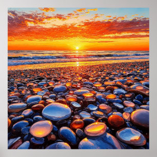 Vibrant Sunset Reflection on Smooth Pebbles Poster