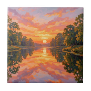 Vibrant Sunset River Reflection Ceramic Tile