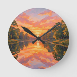 Vibrant Sunset River Reflection Round Clock