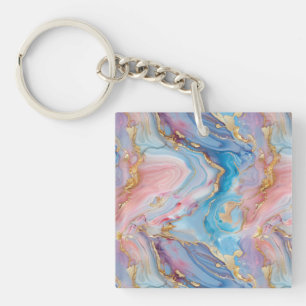 Vibrant Swirls of Blue, Pink and Purple with Gold Key Ring