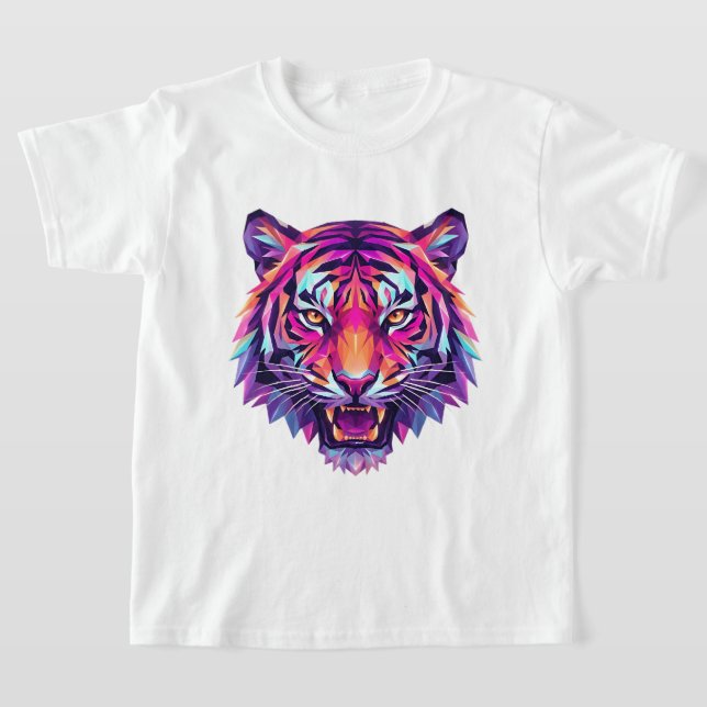 Vibrant Synthwave Low-Poly Tiger Digital Art T-Shirt (Laydown)