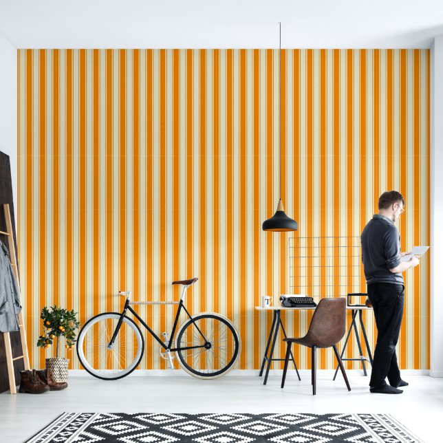 Vibrant Tangerine and ivory ticking Wallpaper (Living Room)