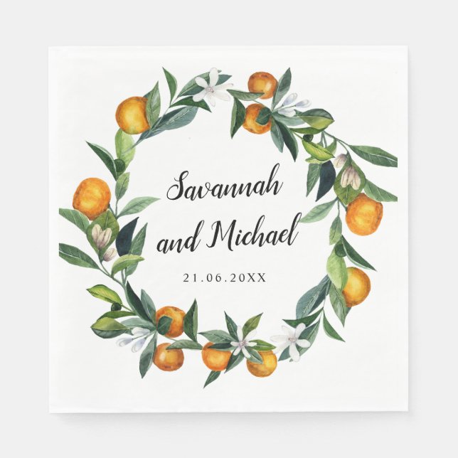 Vibrant Tangerine Citrus Blossom wedding monogram Napkin (Front)