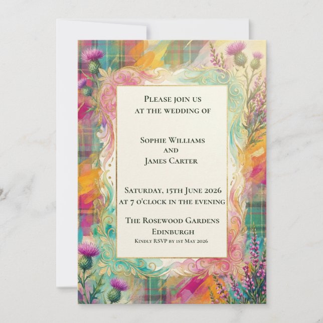 Vibrant Tartan Thistle Wedding Invitation (Front)
