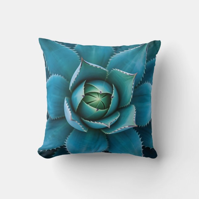 Vibrant Teal Agave Succulent Macro Geometric  Cushion (Front)