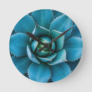 Vibrant Teal Agave Succulent Macro Geometric  Round Clock
