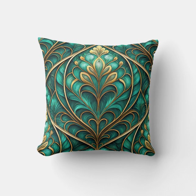 vibrant teal and gold floral pattern cushion (Front)