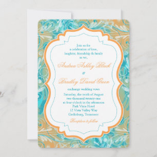 Vibrant Teal and Orange Floral Wedding Invitation