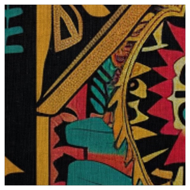 Vibrant Teal "Aztec Dream" Artistic Linen Fabric (Swatch)