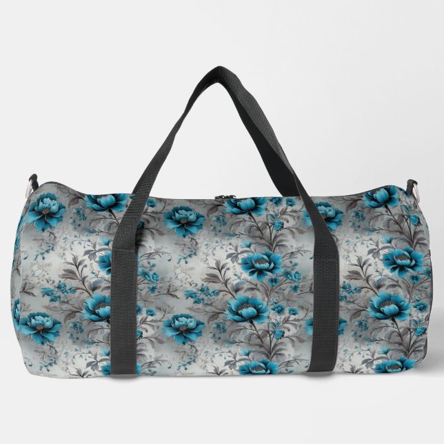 Vibrant Teal Blue Floral Duffel Bag (Front)