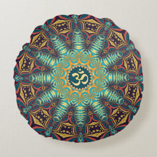Vibrant Teal Gold Tribal Batik Om Round Mandala Cushion