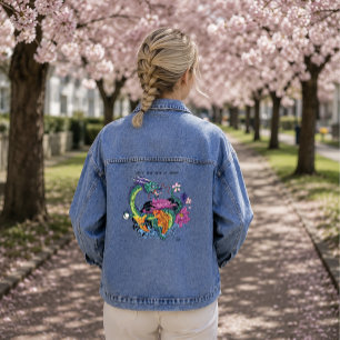 Vibrant Teal Oriental Koi Dragon Lotus Flower Denim Jacket