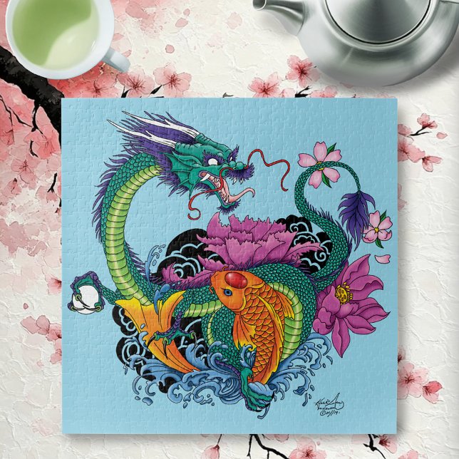 Vibrant Teal Oriental Koi Dragon Lotus Flower Jigsaw Puzzle (Creator Uploaded)