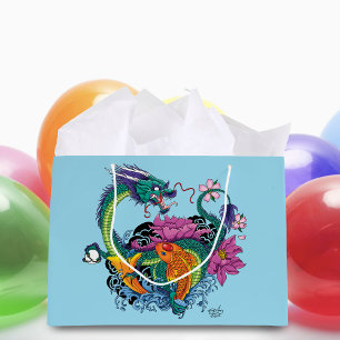 Vibrant Teal Oriental Koi Dragon Lotus Flower Large Gift Bag