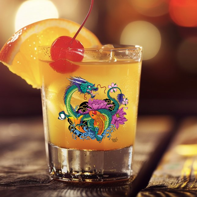 Vibrant Teal Oriental Koi Dragon Lotus Flower Shot Glass (Creator Uploaded)