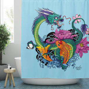 Vibrant Teal Oriental Koi Dragon Lotus Flower Shower Curtain