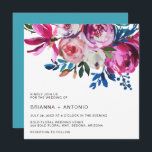 Vibrant Teal Pink Bright Floral Modern Wedding Invitation<br><div class="desc">Modern floral Wedding Invitation with peonies and roses in bold and vibrant pink with greenery sprigs in shades of teal and blue.  The back is a matching shade of teal blue.  This bright Wedding Invitation in jewel tone colours is great for a summer wedding.</div>