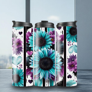 Vibrant Teal Purple Sunflowers Thermal Tumbler