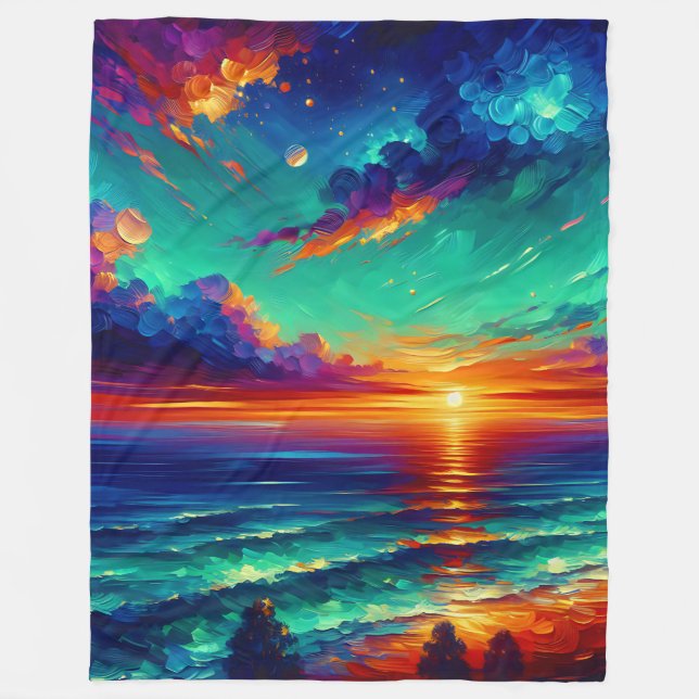 “Vibrant Teal Tides: Sunset Over Ocean” Fleece Blanket (Front)