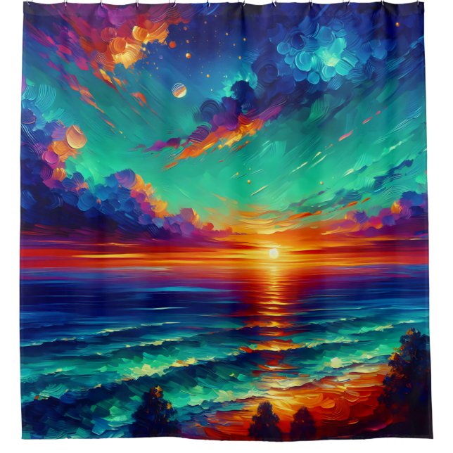 “Vibrant Teal Tides: Sunset Over Ocean” Shower Curtain (Front)