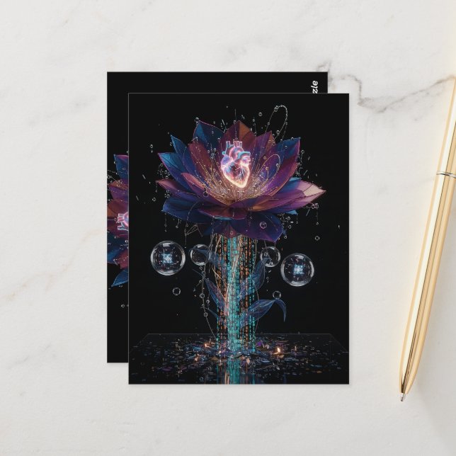 Vibrant Tech Blossom: Heart of Light Art Postcard (Front/Back In Situ)
