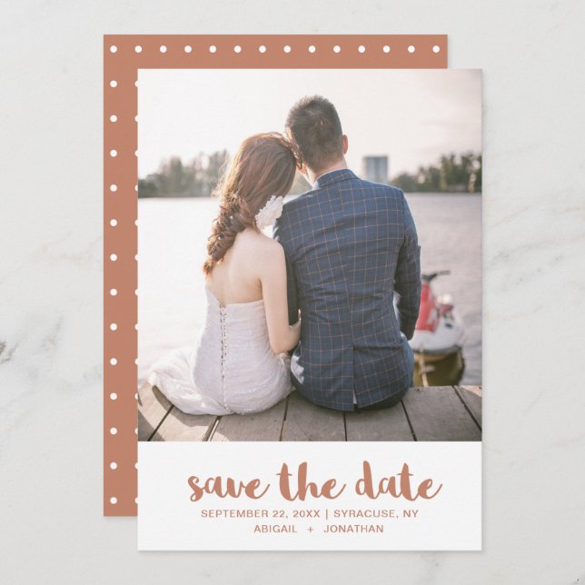 Vibrant Terracotta Orange Polka Dot Photo Wedding Save The Date (Front/Back)