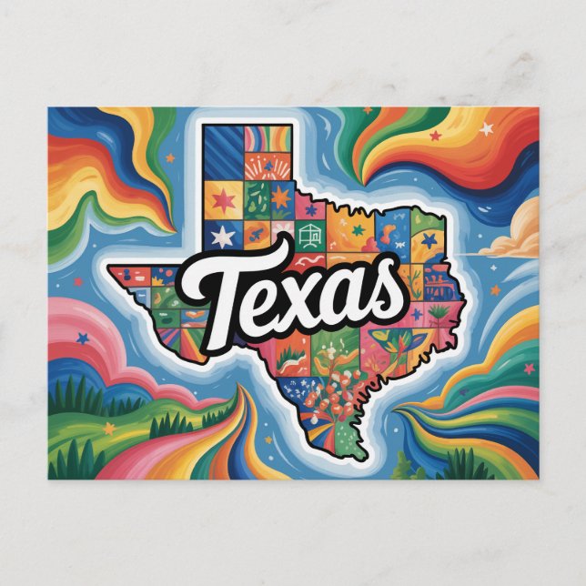 Vibrant Texas Conceptual Map Art Postcard (Front)
