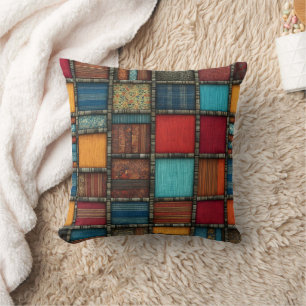 Vibrant textile patchwork in warm hues cushion