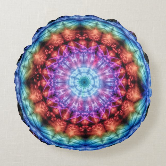 Vibrant Tie Dye Kaleidoscope Rainbow Mandala Round Cushion (Front)