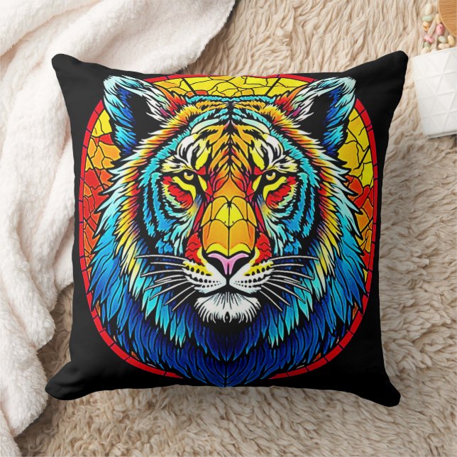 Vibrant Tiger Stained Glass Cushion (Blanket)
