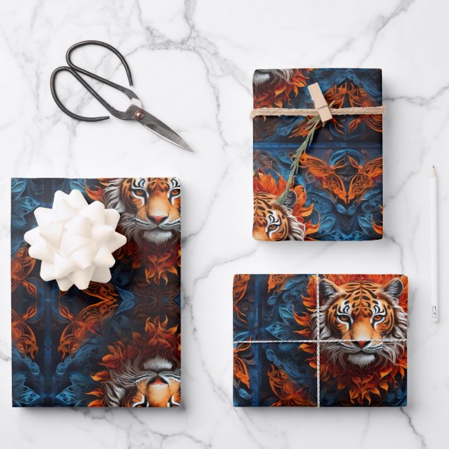 Vibrant Tiger with Floral Motifs Wrapping Paper Sheet (Front)