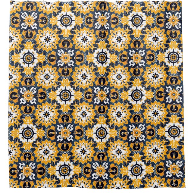 Vibrant Tile Pattern Yellow and Blue Shower Curtain (Front)