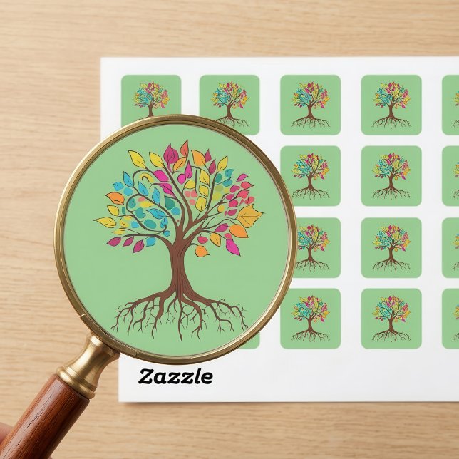 Vibrant Tree of Life: Roots and colourful leaves Square Sticker (Vibrant Tree of Life: Roots and colorful leaves. Square Sticker)