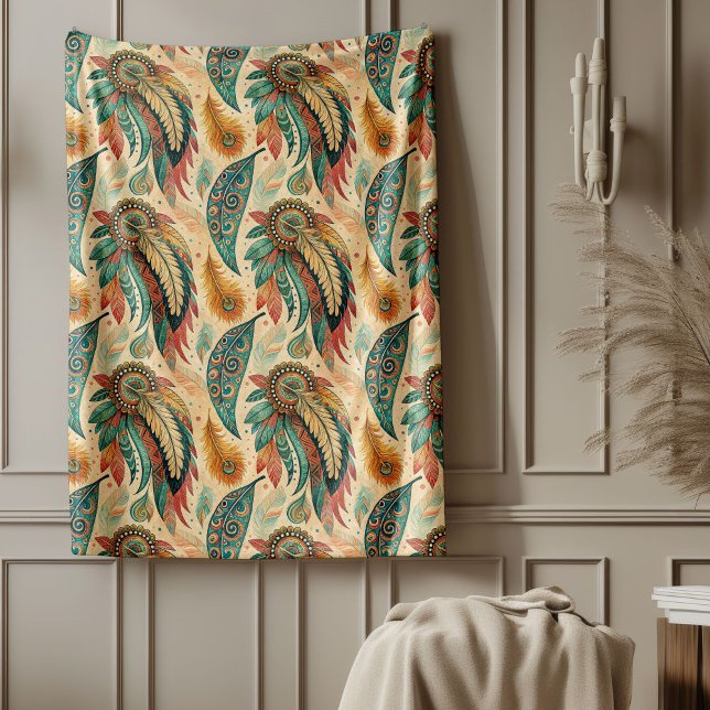 Vibrant tribal ethnic native feathers pastel green fleece blanket (Vibrant tribal ethnic native feathers pastel green fleece blanket)