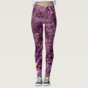 Vibrant Trippy Purple Yellow Groovy Fractal Art Leggings