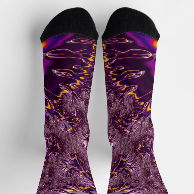 Vibrant Trippy Purple Yellow Groovy Fractal Art Socks (Top)