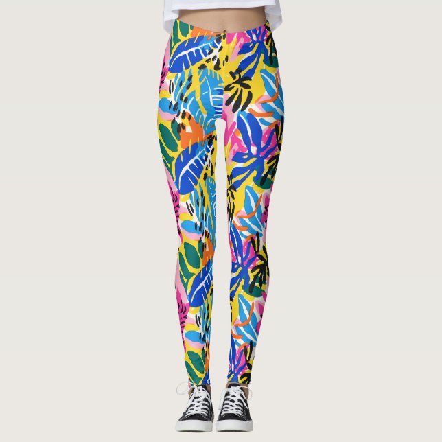 Vibrant Tropical Abstract Leaf Colourful Patterned Leggings (Front)