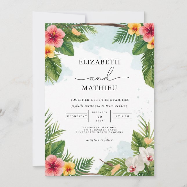 Vibrant Tropical Bloom Arch Wedding Invitation (Front)