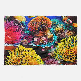 Vibrant Tropical Coral Garden Design Tea Towel