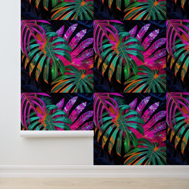 Vibrant Tropical Disco Leaves Peel and Stick  Wallpaper (Application)