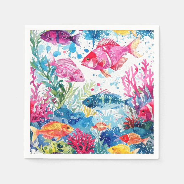 Vibrant Tropical Fish Watercolor Sea Life Pattern Napkin (Front)