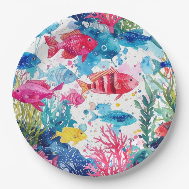 Vibrant Tropical Fish Watercolor Sea Life Pattern Paper Plate (Front)