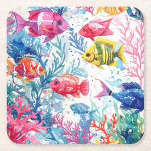 Vibrant Tropical Fish Watercolor Sea Life Pattern Square Paper Coaster