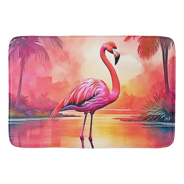 Vibrant Tropical Flamingo Glow Design Bath Mat (Front)