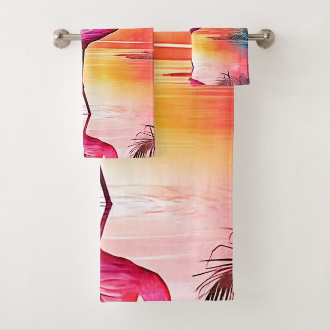 Vibrant Tropical Flamingo Glow Design Bath Towel Set (Insitu)