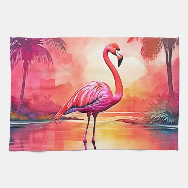 Vibrant Tropical Flamingo Glow Design Tea Towel (Horizontal)