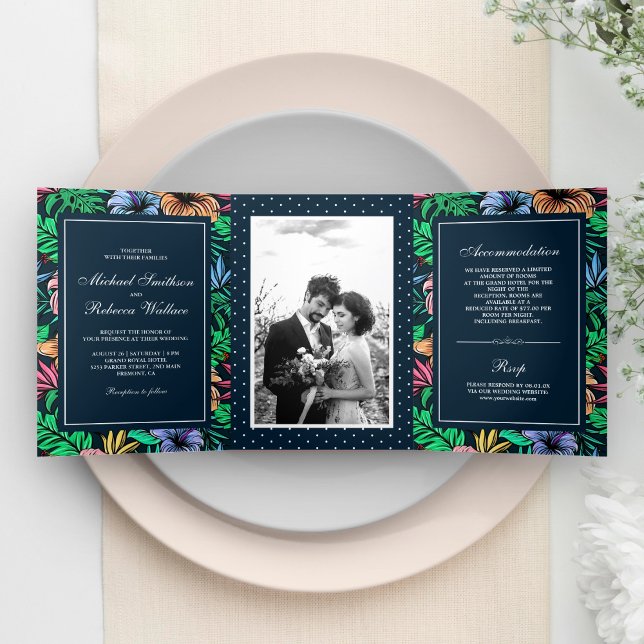 Vibrant Tropical Floral Garden Photo Wedding Tri-Fold Invitation (Creator Uploaded)