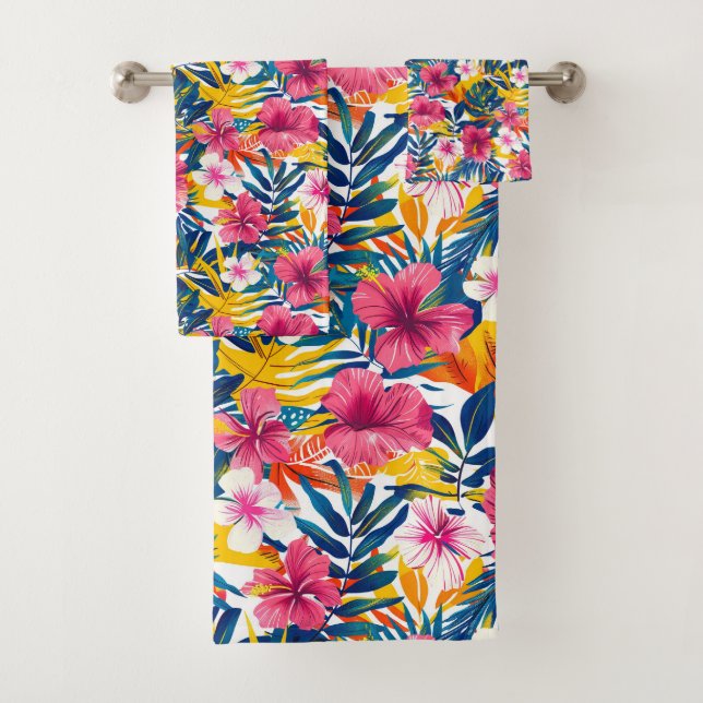Vibrant Tropical Floral Paradise Pattern Design Bath Towel Set (Insitu)