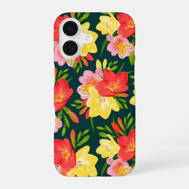 Vibrant Tropical Floral Pattern iPhone 16 Case (Back)