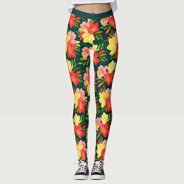 Vibrant Tropical Floral Pattern Leggings (Front)